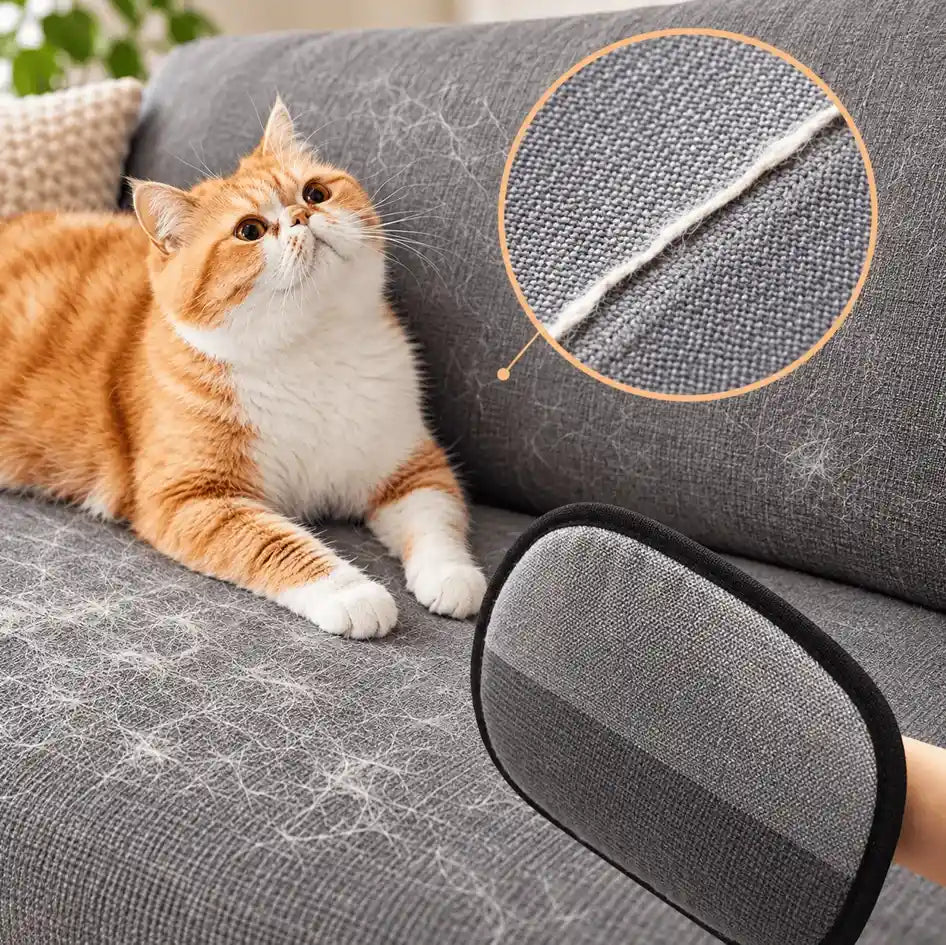 Gant anti-poils PawsGlove sur canapé gris avec chat roux et poils visibles sur le tissu