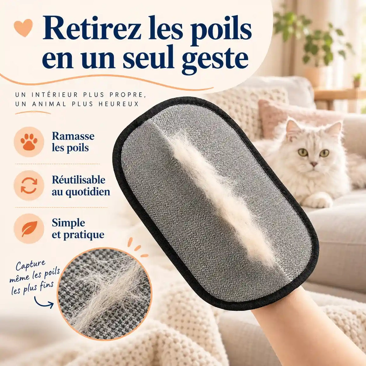 Gant anti-poils PawsGlove réutilisable pour retirer les poils de chat sur canapé, plaid et tissus du quotidien
