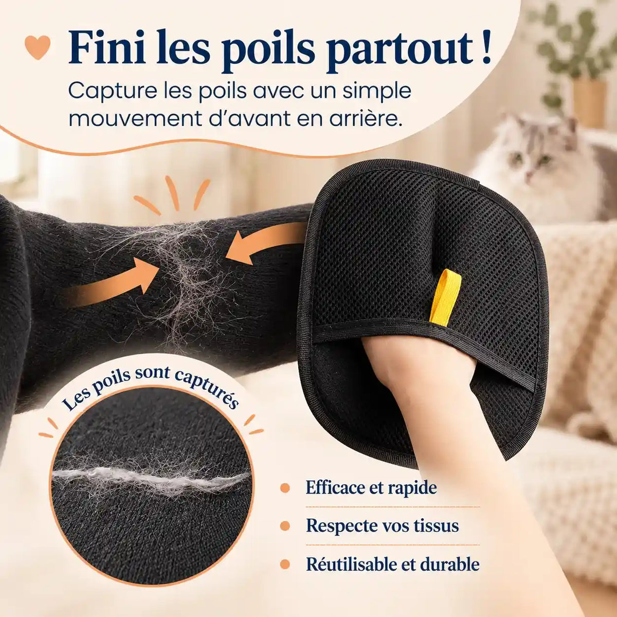 Gant anti-poils PawsGlove capturant les poils sur un vêtement noir avec mouvement d’avant en arrière