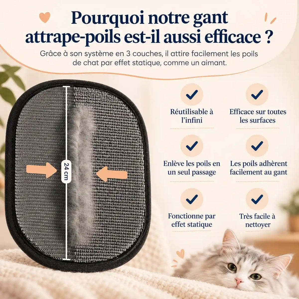 Gant attrape-poils PawsGlove avec système en 3 couches qui attire les poils de chat par effet statique