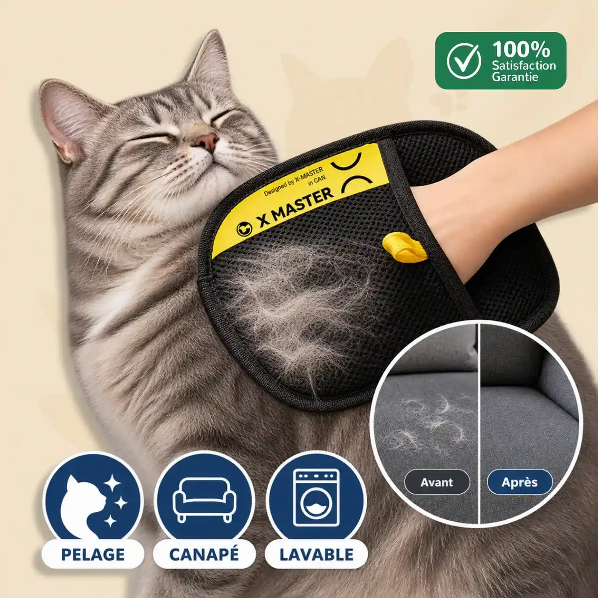 Gant anti-poils PawsGlove Pro utilisé sur un chat avec résultat avant après sur canapé et textile lavable