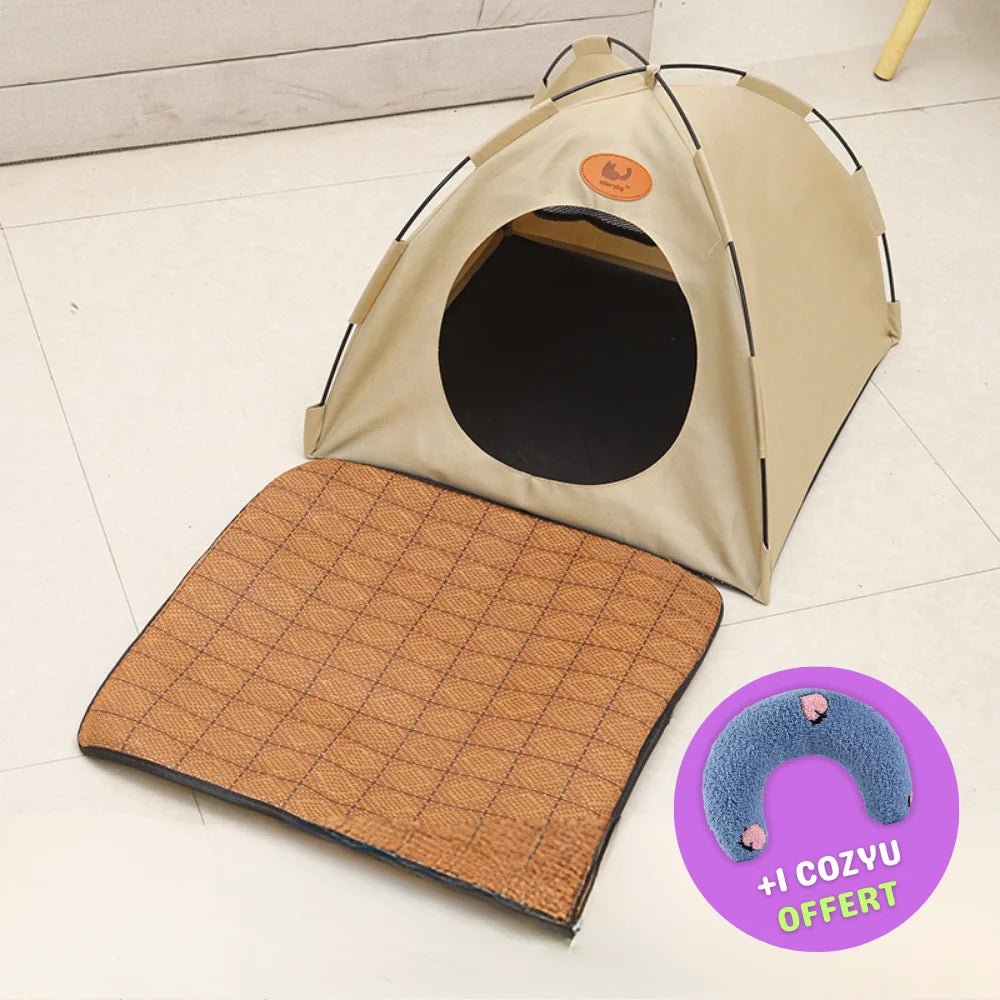 Tente pliable anti-stress PawTent beige avec tapis de sol et coussin Cozyu offert