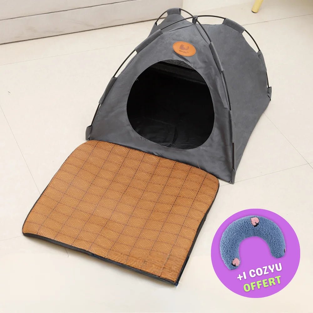 Tente pliable anti-stress PawTent grise avec tapis de sol et coussin Cozyu offert