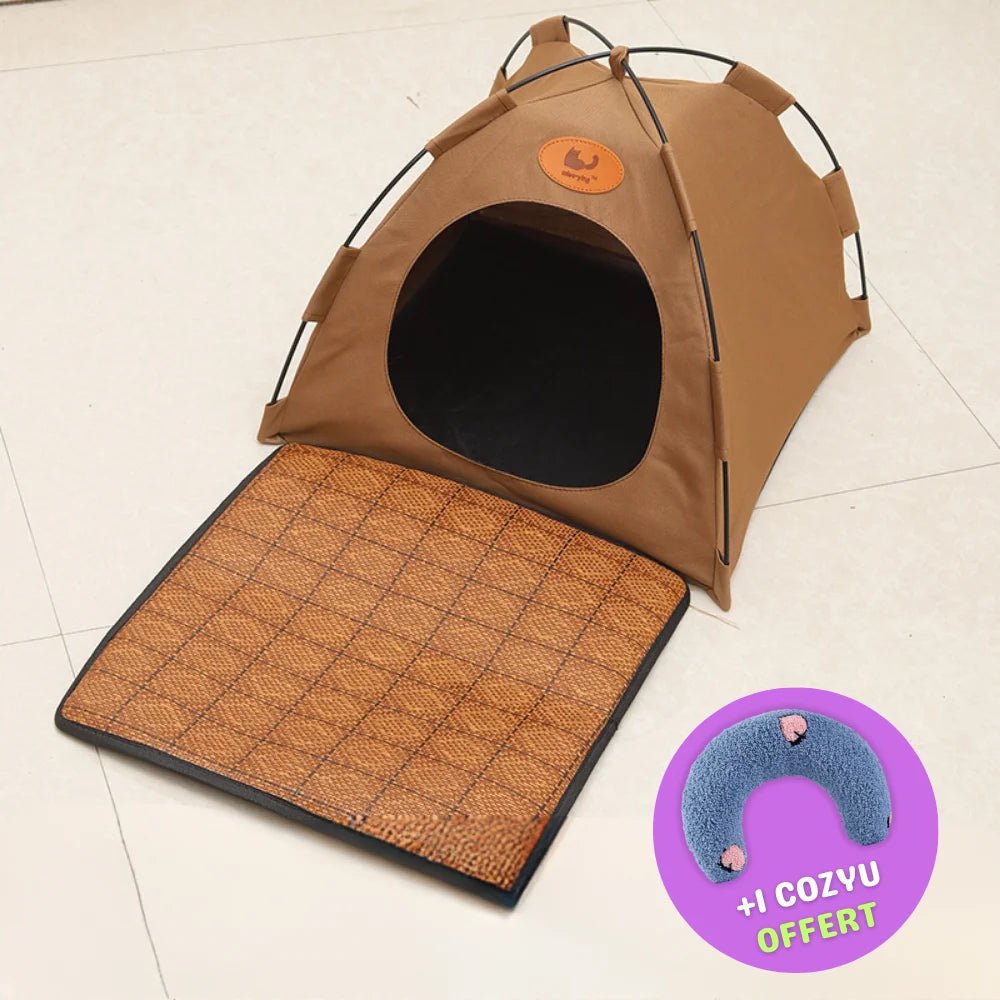 Tente pliable anti-stress PawTent marron avec tapis de sol et coussin Cozyu offert