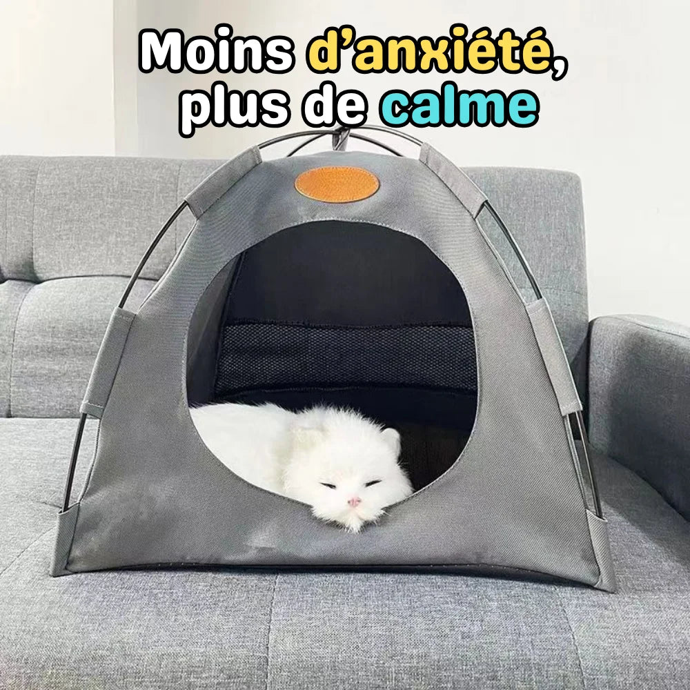 Tente pliable anti-stress PawTent grise pour chat, conçue pour offrir plus de calme et réduire l’anxiété