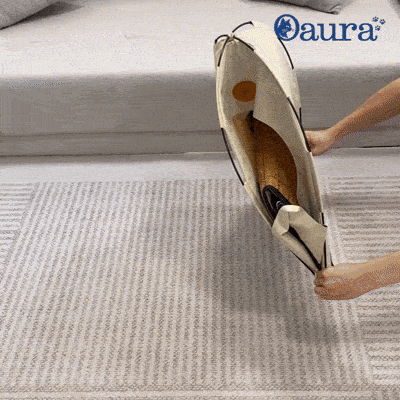 GIF de présentation de la tente pliable anti-stress pour chat PawTent montrant son refuge semi-fermé, son confort et sa facilité d’utilisation
