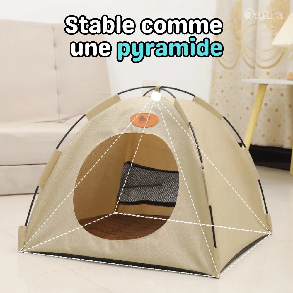Tente pour chat PawTent beige avec structure stable en forme de pyramide