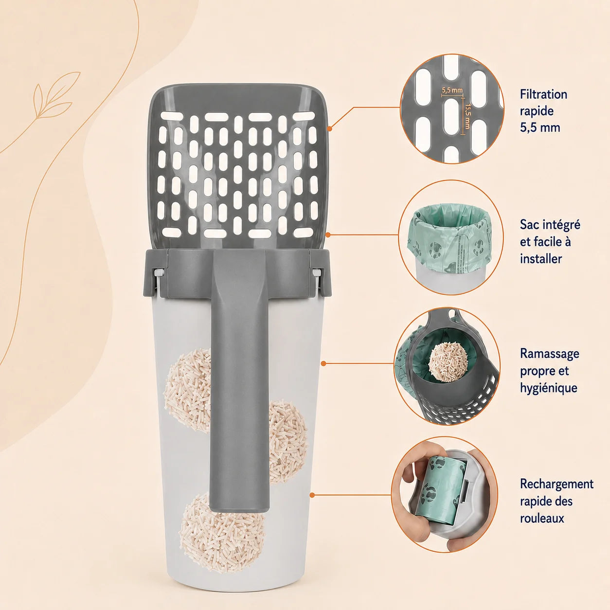 Détails de la pelle à litière ScoopKit avec grille filtrante, réservoir à sacs et manche ergonomique