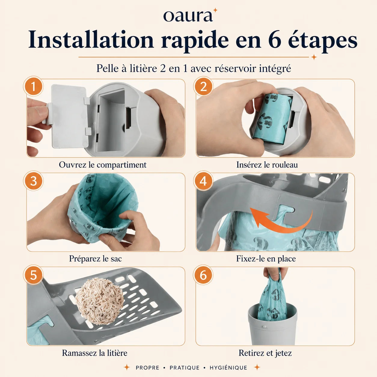 Mode d’emploi de la pelle à litière ScoopKit avec sac intégré dans le manche