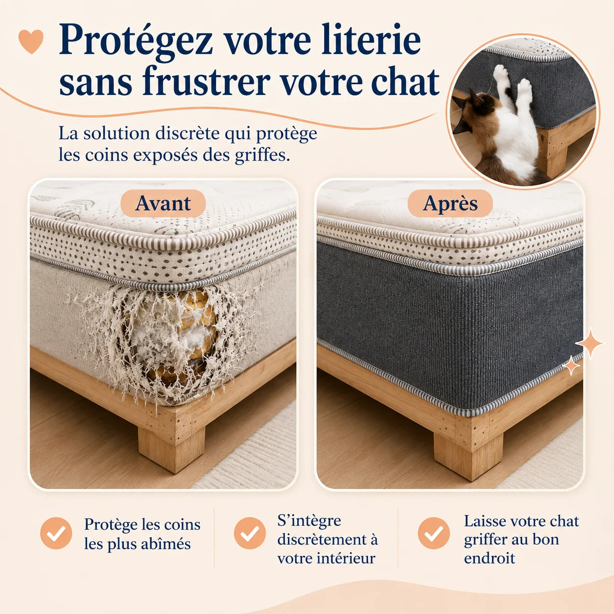 Avant-après d’un coin de lit abîmé puis recouvert avec le griffoir autocollant PolyGriffe