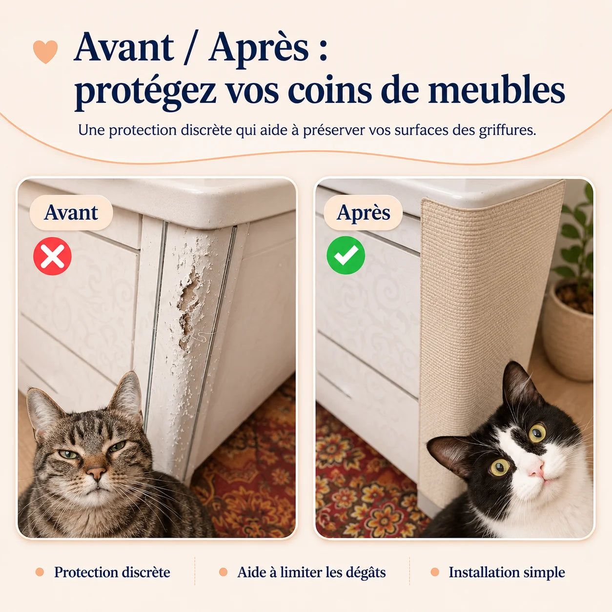 Avant-après d’un coin de meuble abîmé puis protégé par le griffoir autocollant PolyGriffe