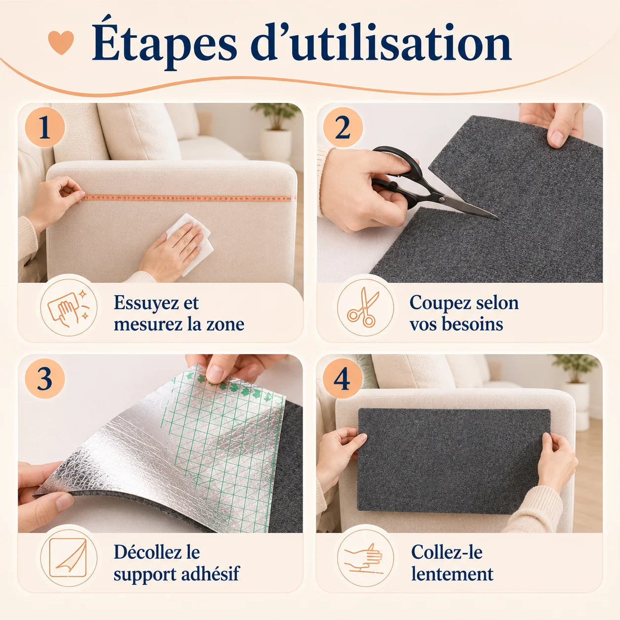 Étapes pour mesurer, découper et coller le griffoir autocollant PolyGriffe sur un canapé