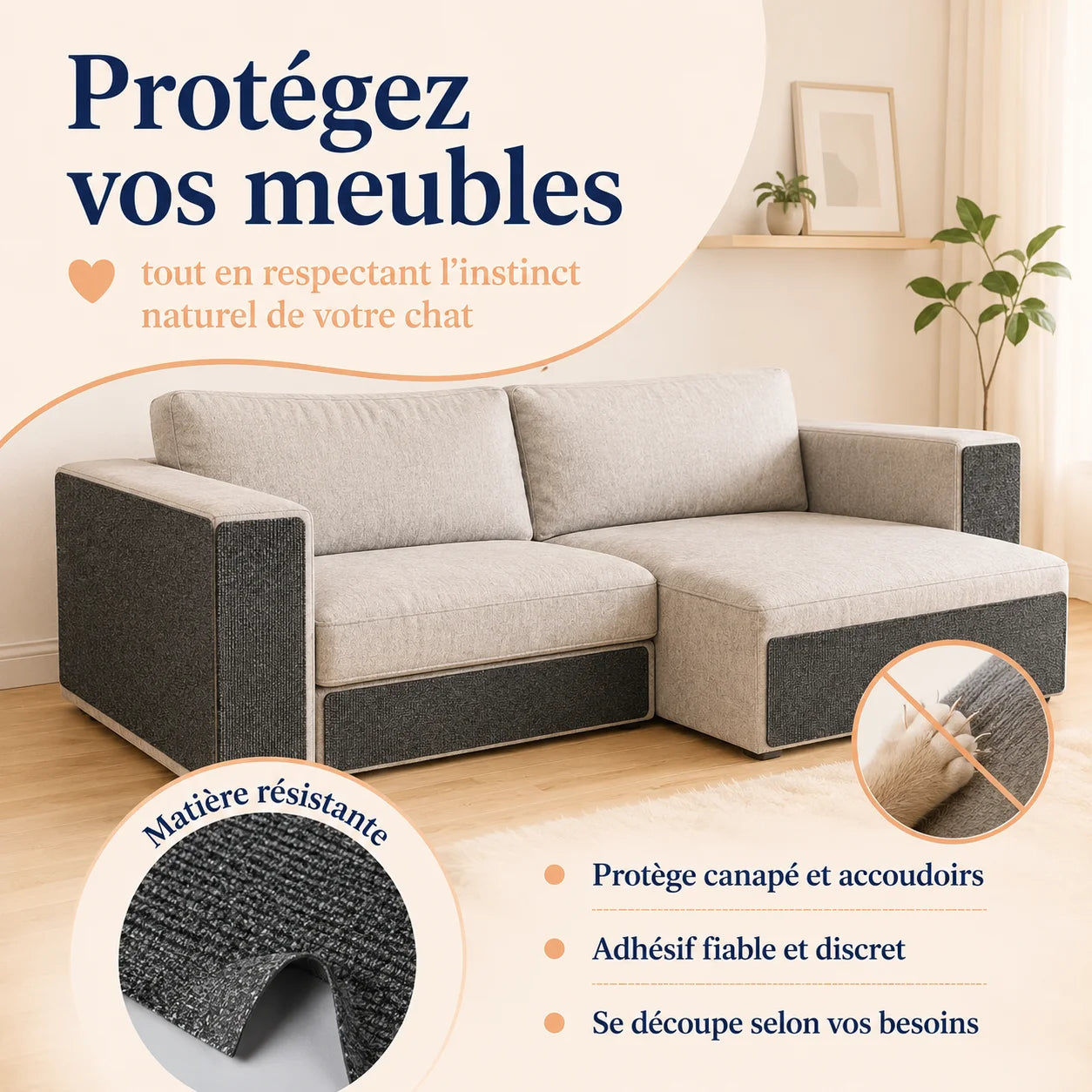 Canapé et accoudoirs protégés des griffures par des bandes PolyGriffe découpées sur mesure