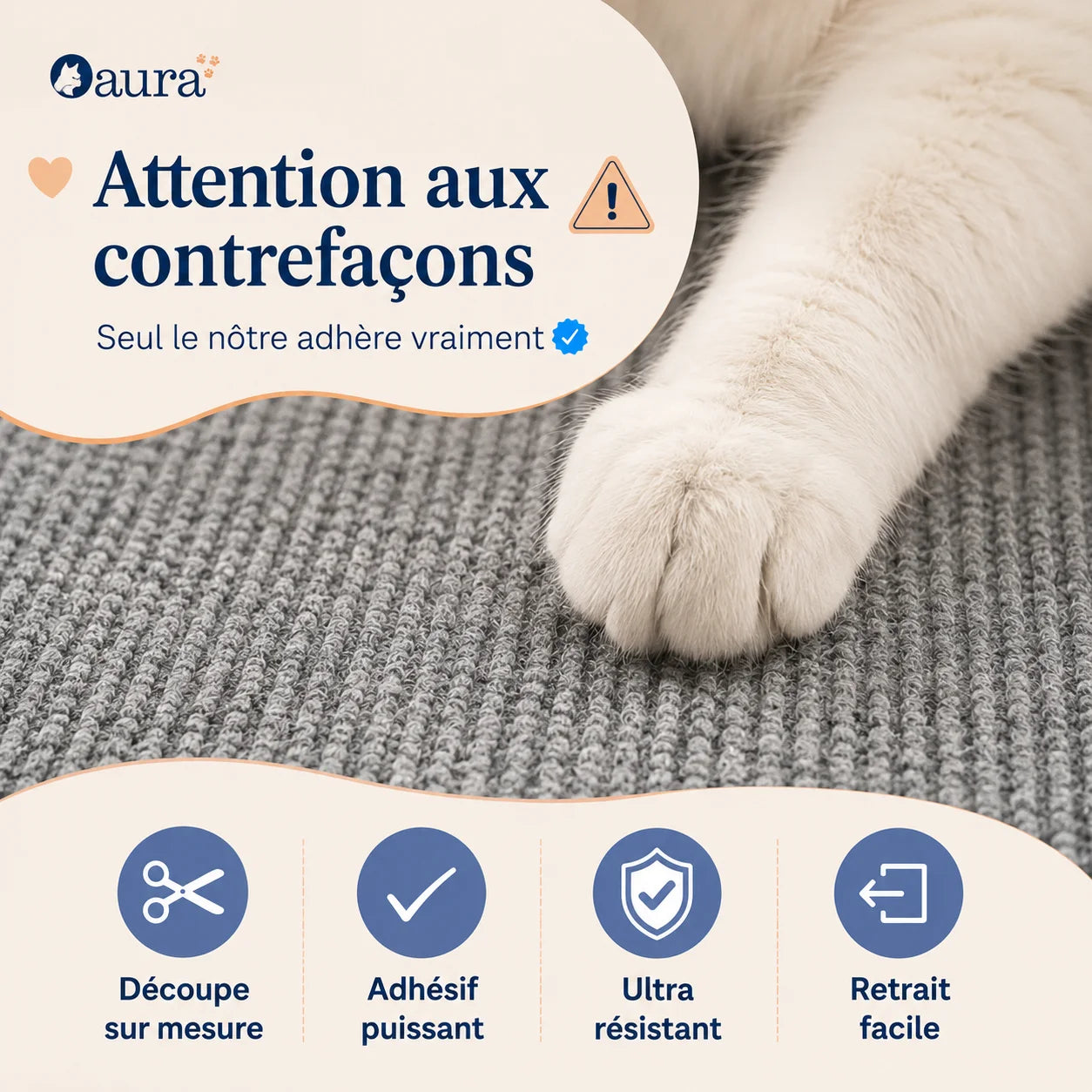 Gros plan sur la patte d’un chat utilisant la texture résistante du griffoir PolyGriffe
