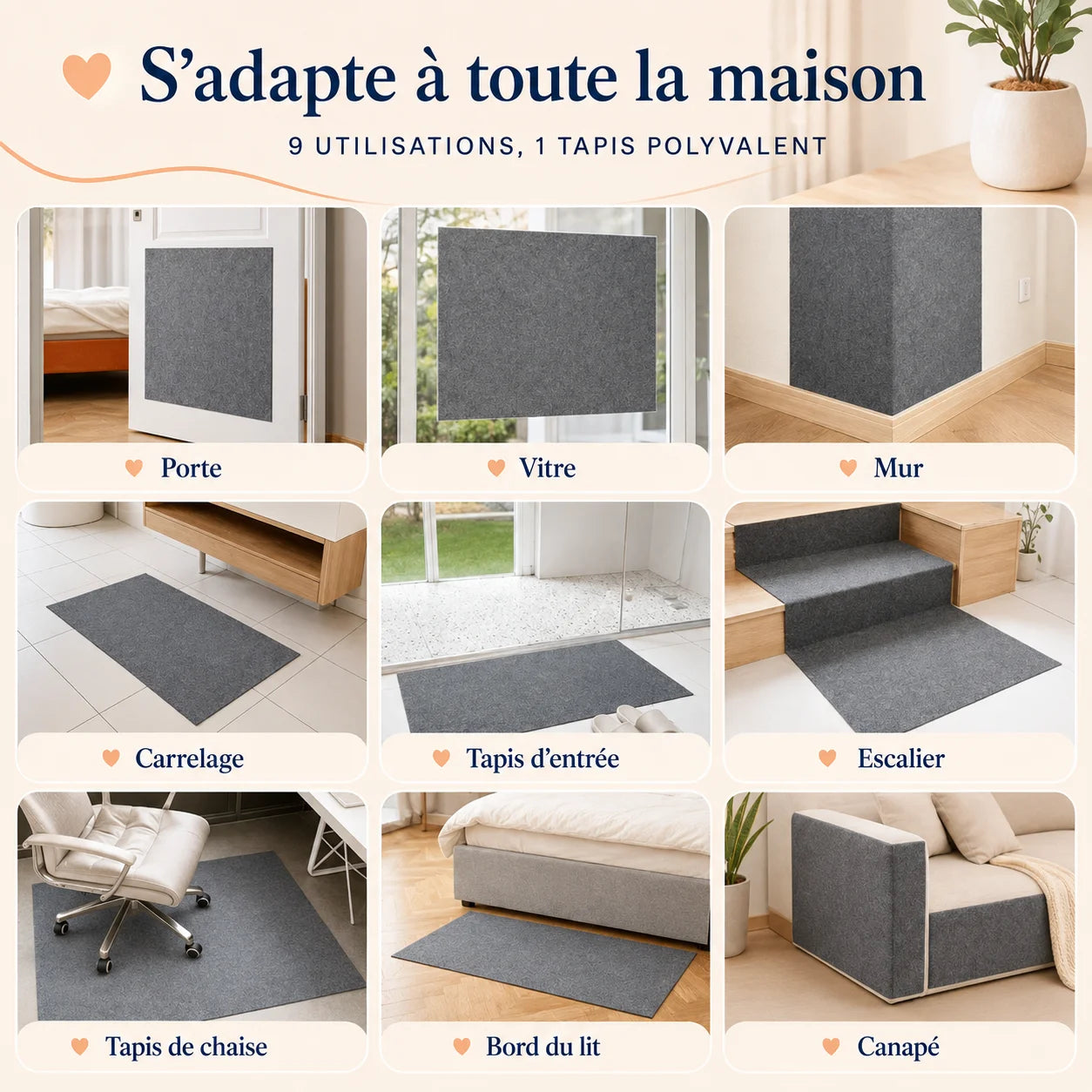 PolyGriffe posé sur une porte, un mur, un escalier, le sol, un lit et un canapé