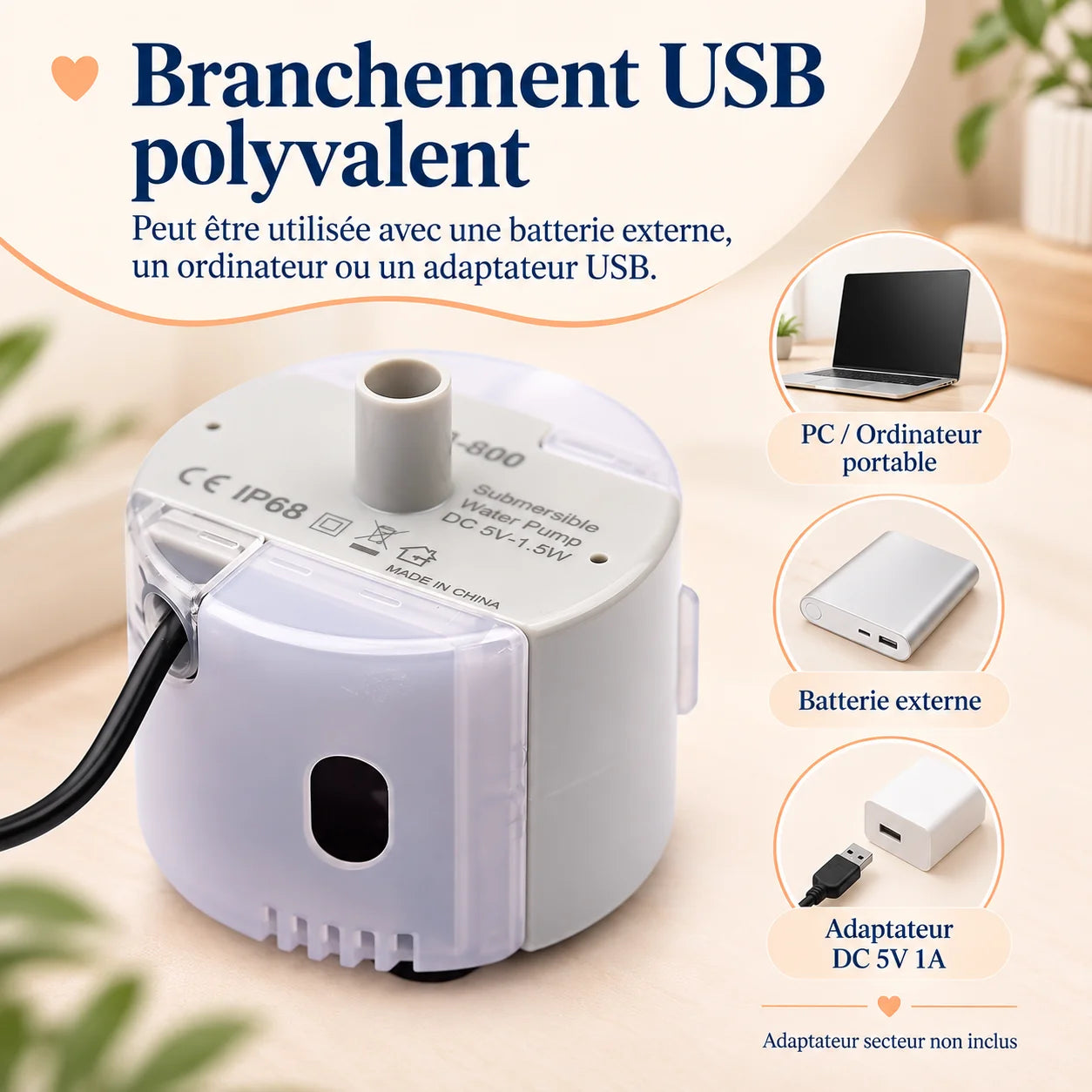 Pompe SMA-800 avec branchement USB compatible avec une alimentation 5 V 1 A
