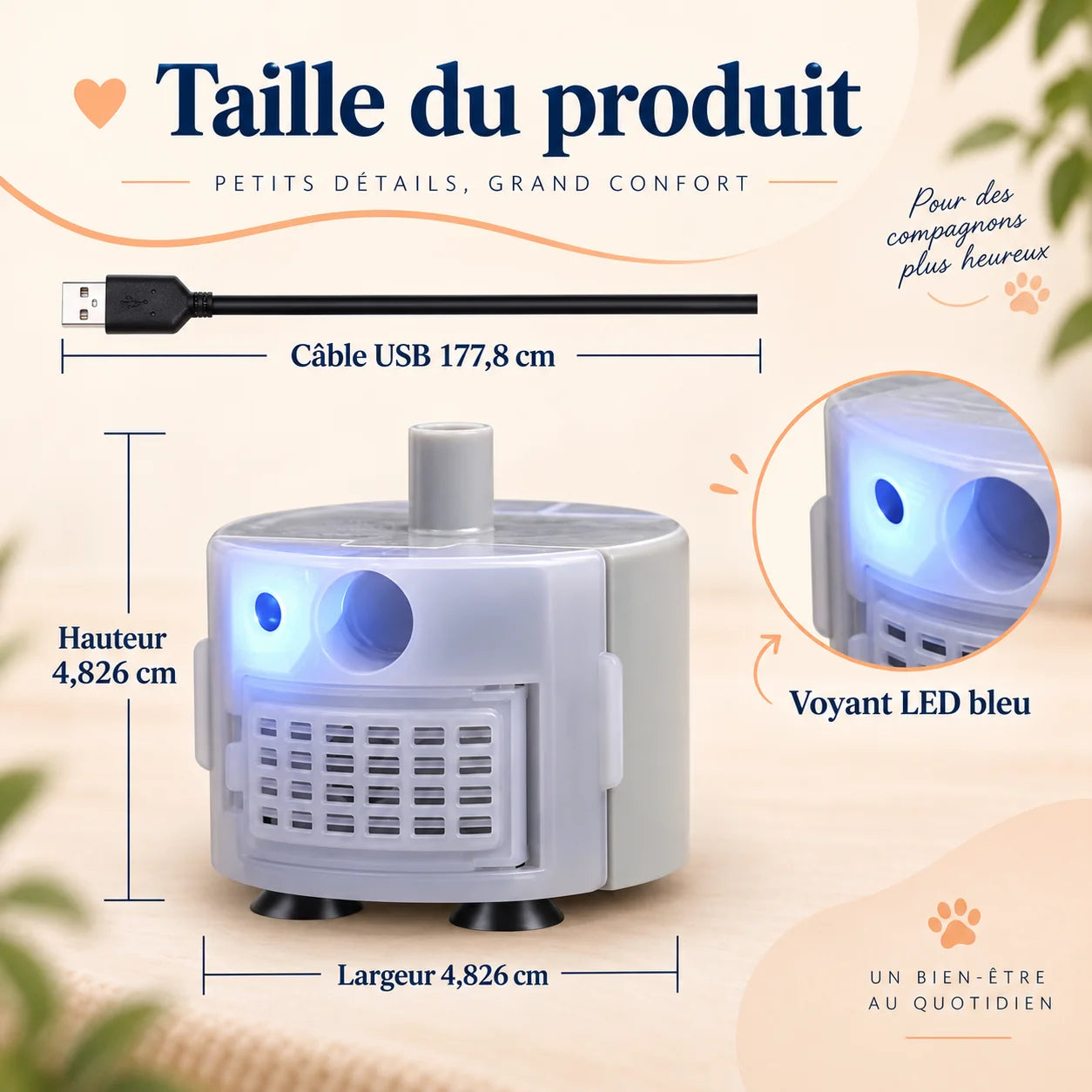Dimensions de la pompe SMA-800 pour fontaine à chat avec câble USB et voyant LED bleu