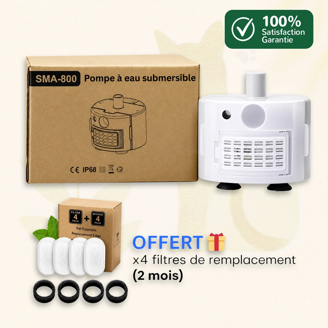 Pompe fontaine chat SMA-800 avec 4 filtres de remplacement offerts pour 2 mois