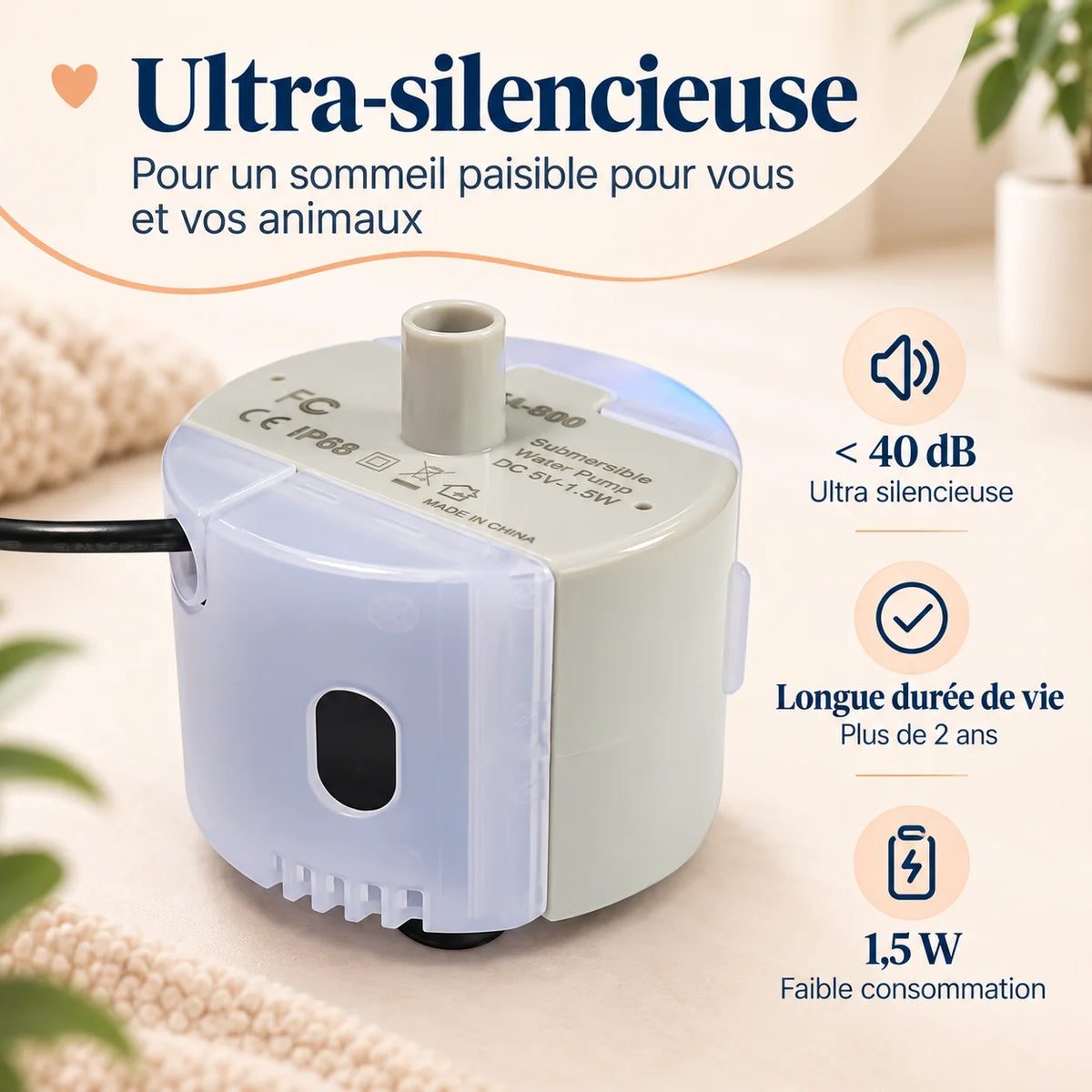 Pompe SMA-800 ultra-silencieuse de 1,5 W pour fontaine à eau pour chat