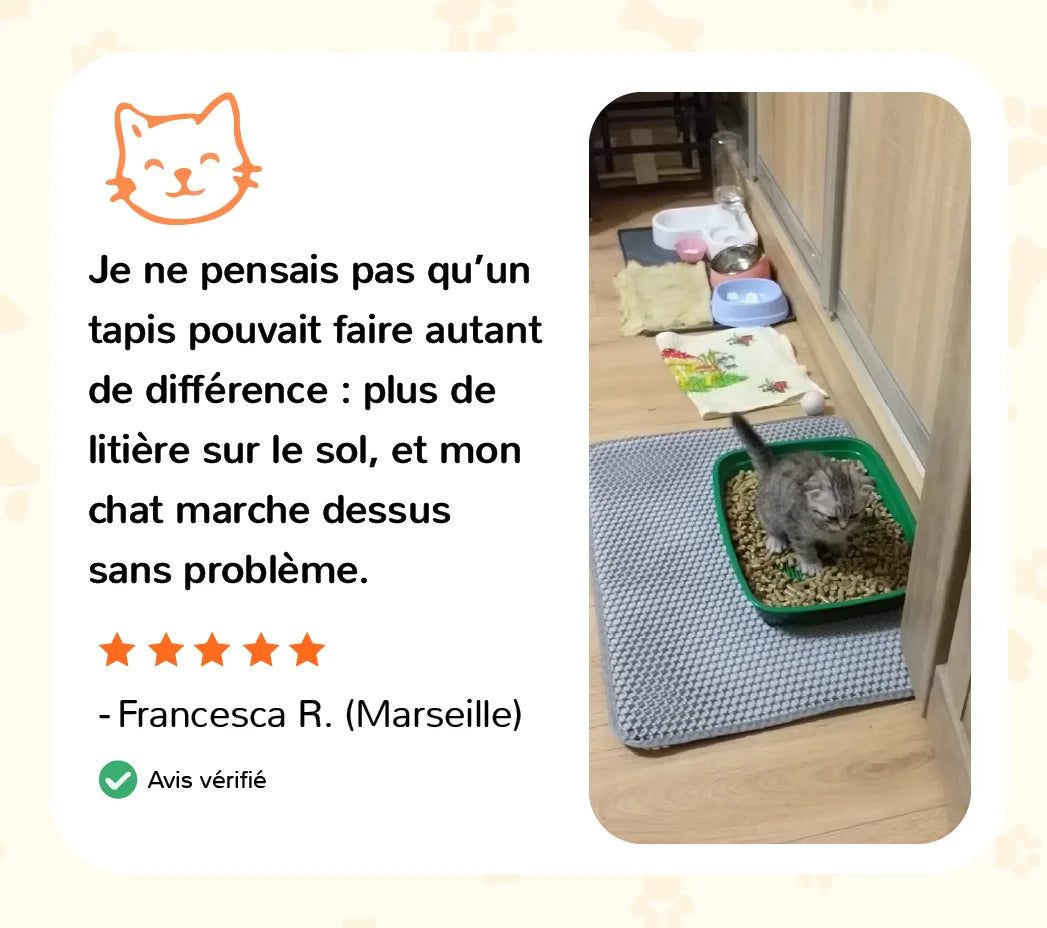 Avis client sur le tapis de litière Purramat qui aide à retenir les grains autour du bac