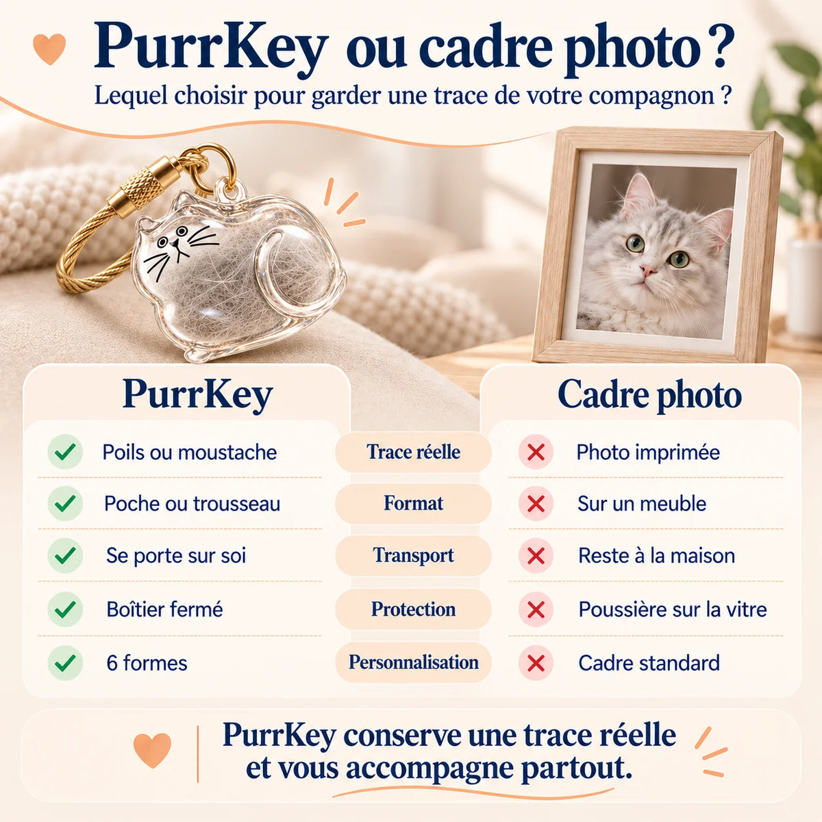 Comparatif entre PurrKey et un cadre photo pour conserver une trace réelle de son chat avec poils ou moustache