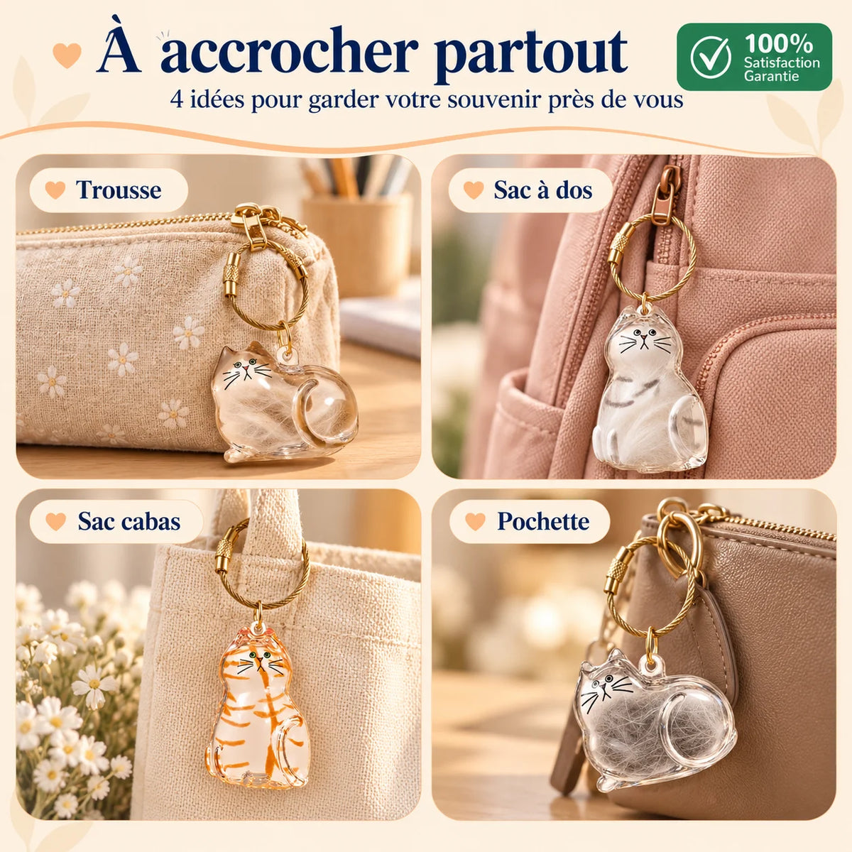 Porte-clés commémoratif PurrKey accroché à une trousse, un sac à dos, un sac cabas et une pochette