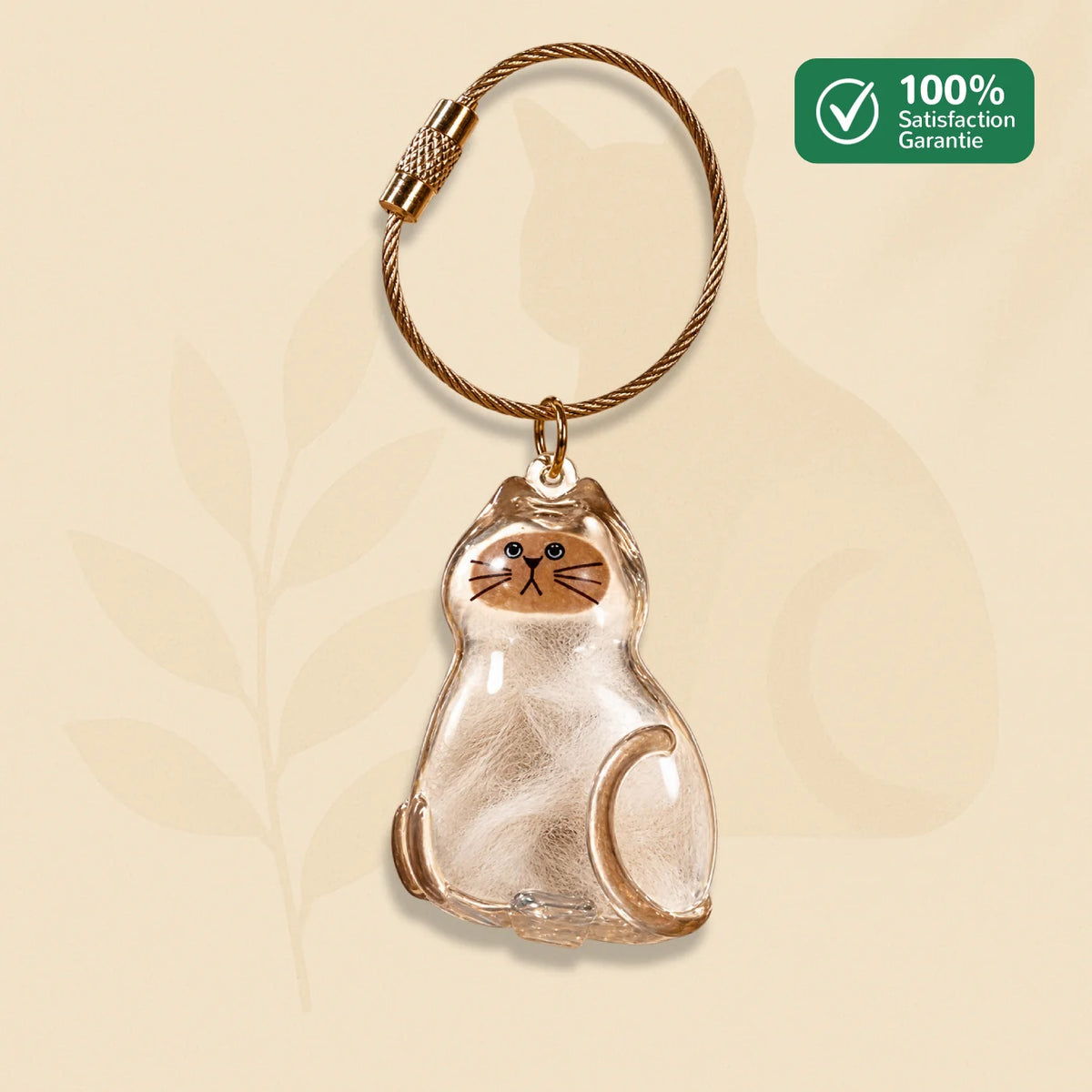 Porte-clés PurrKey en forme de chat assis beige avec boîtier transparent pour souvenir félin