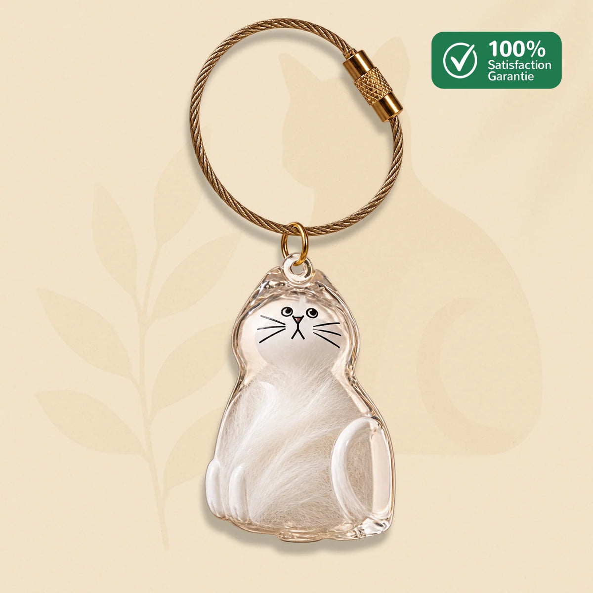 Porte-clés commémoratif PurrKey en forme de chat assis avec poils blancs conservés dans un boîtier transparent