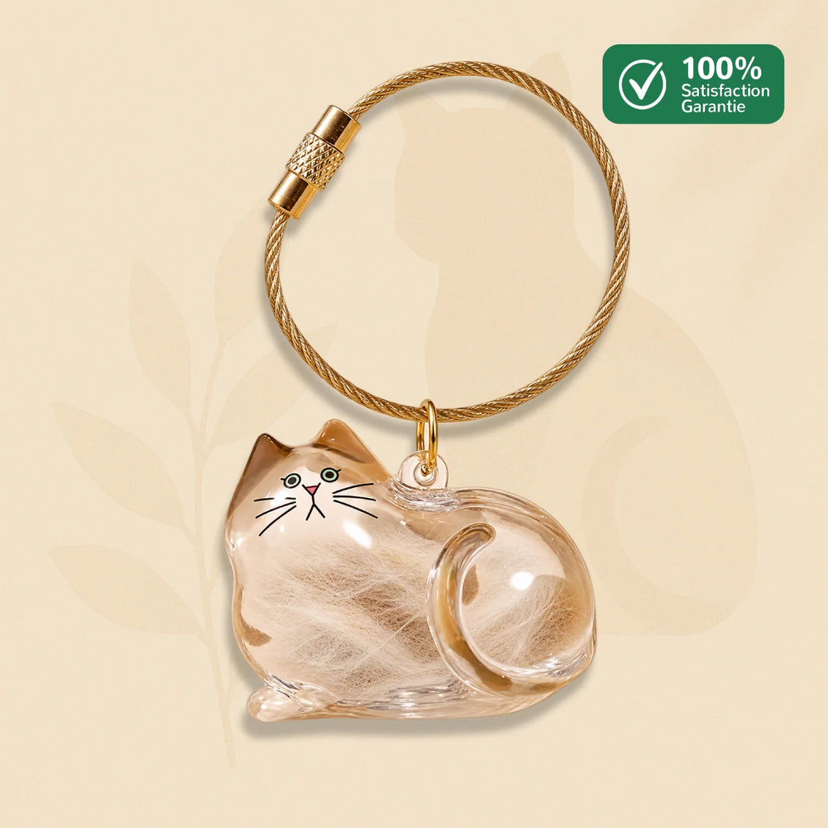 Porte-clés commémoratif PurrKey en forme de chat couché avec compartiment transparent pour conserver des poils ou une moustache