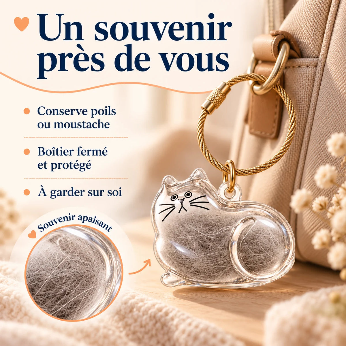 Porte-clés commémoratif PurrKey accroché à un sac pour garder près de soi un souvenir de son chat avec poils ou moustache