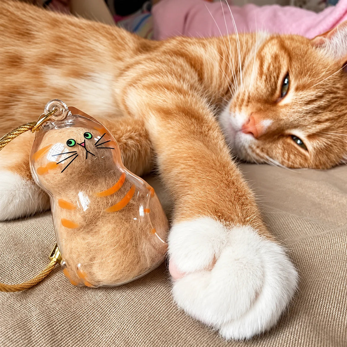 Chat roux couché près d’un porte-clés PurrKey transparent contenant ses poils comme souvenir félin