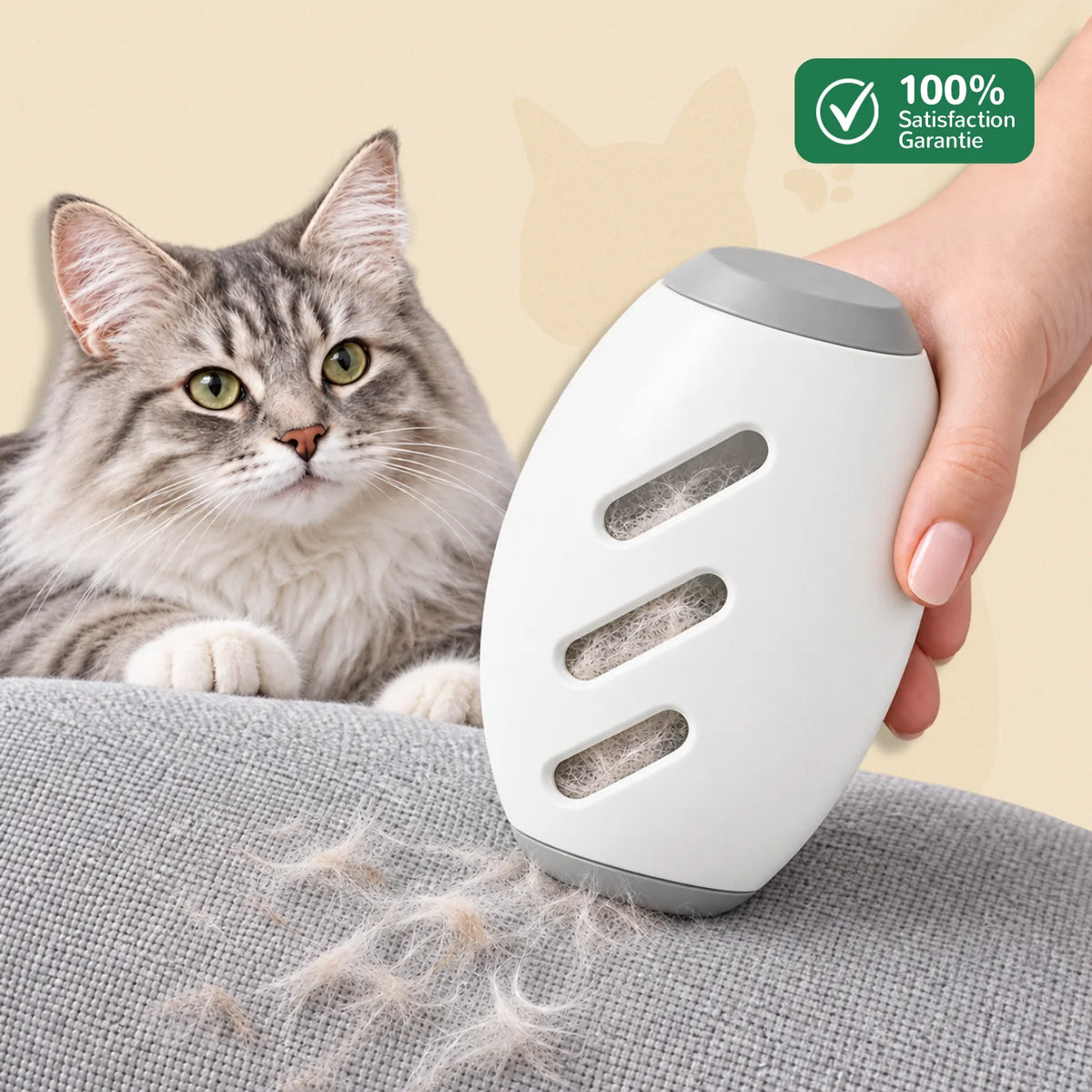 Roulette anti-poil réutilisable Furilo blanche avec chat et poils visibles sur un canapé