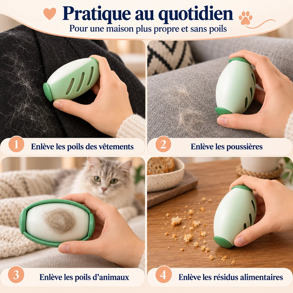 Furilo retire les poils d’animaux sur les vêtements et le canapé ainsi que la poussière et les miettes