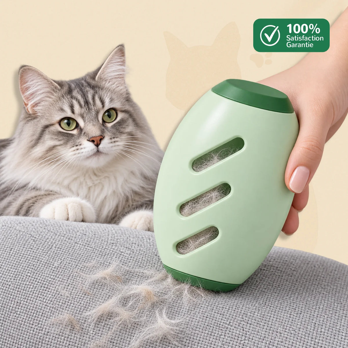 Roulette anti-poil réutilisable Furilo verte utilisée pour retirer les poils de chat d’un canapé