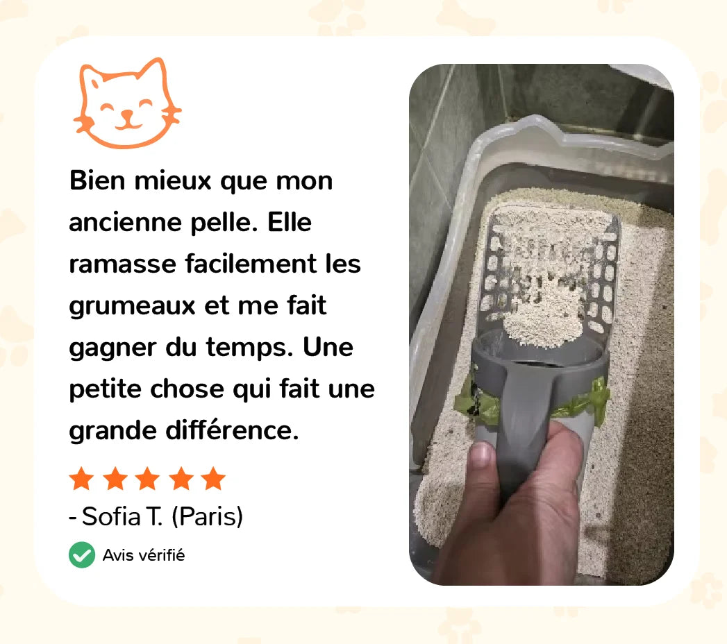 Avis client sur la pelle à litière ScoopKit conçue pour ramasser facilement les agglomérats