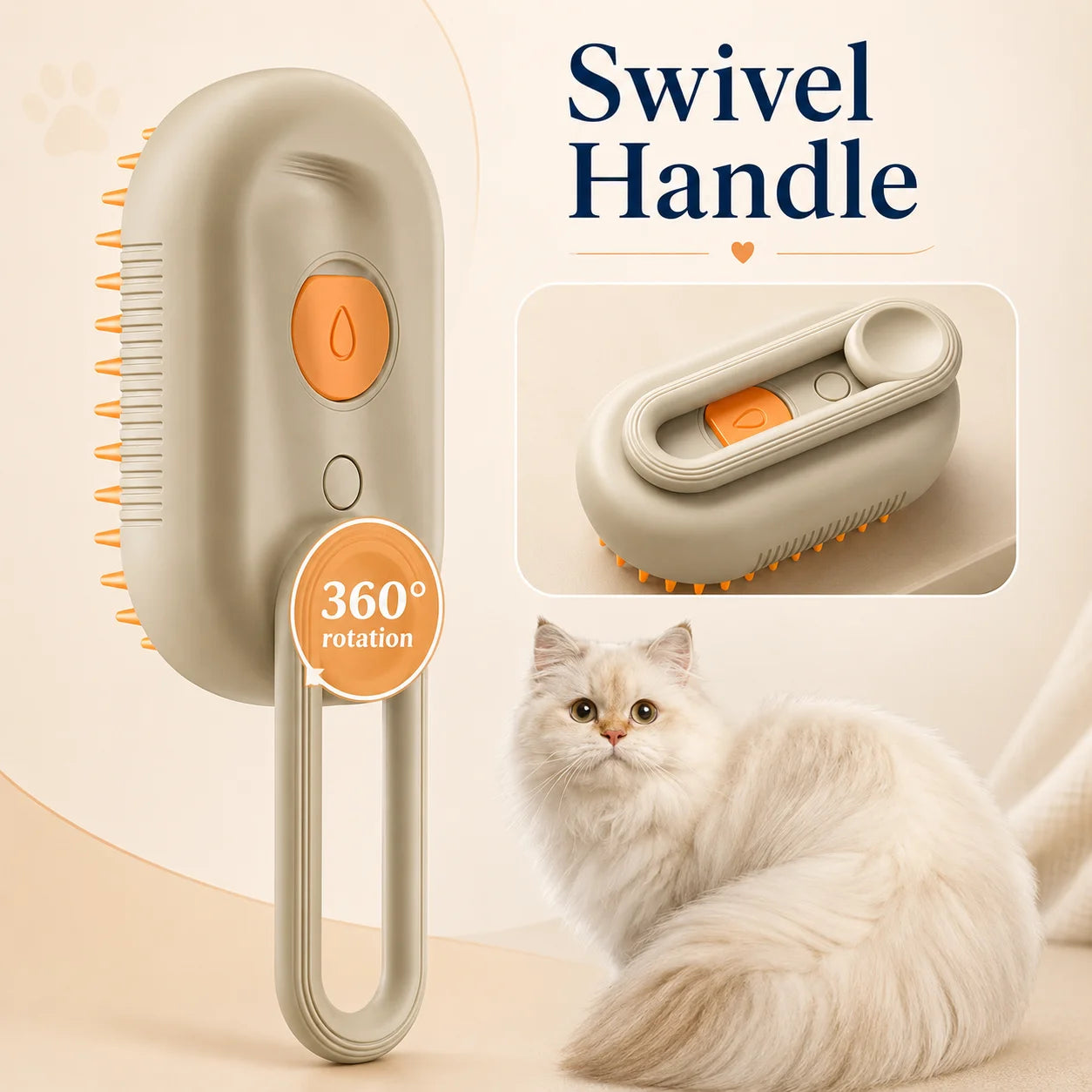 Brosse vapeur SteamPaw avec poignée rotative à 360 degrés pour un brossage plus pratique du chat