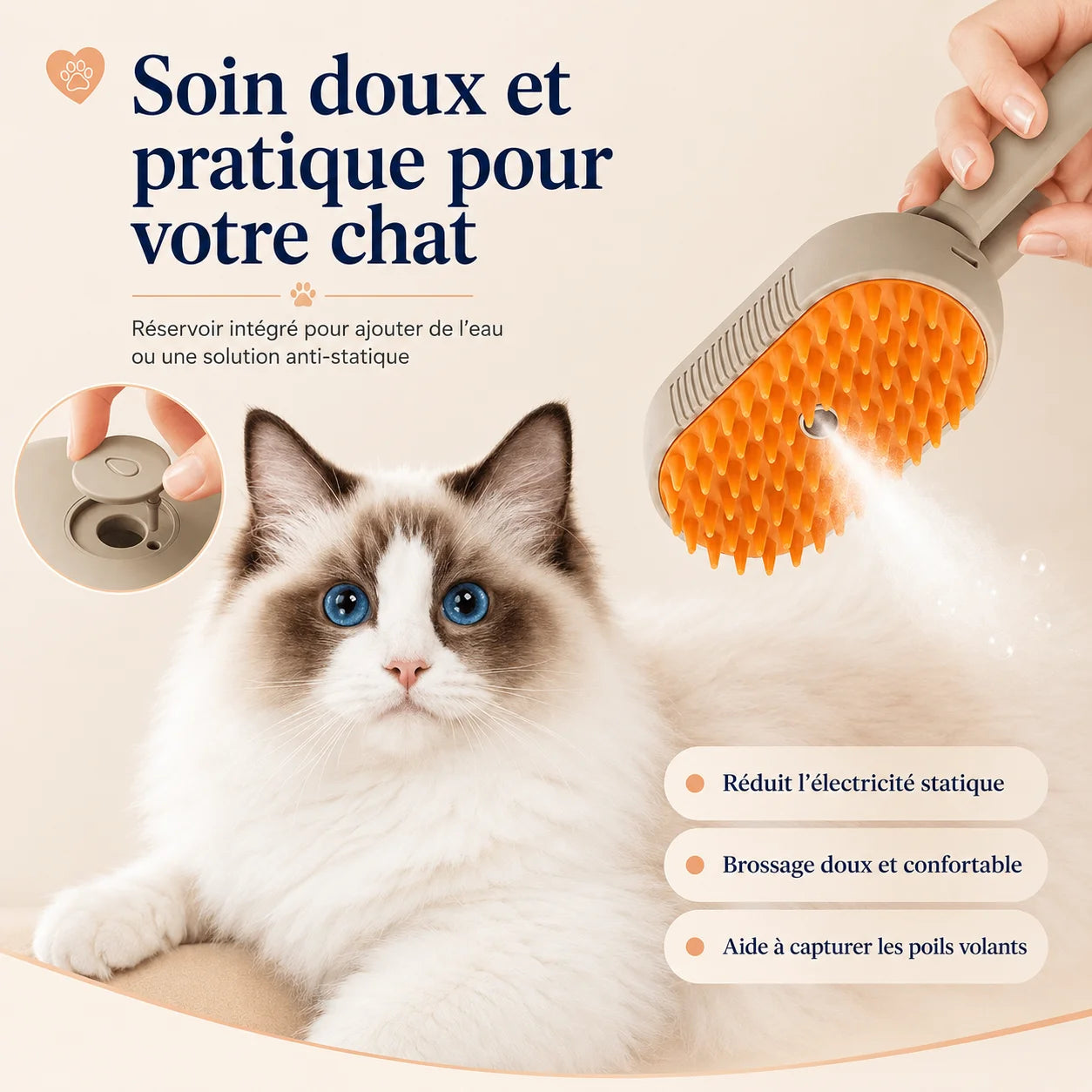 Brosse vapeur SteamPaw avec réservoir intégré diffusant une vapeur douce pour brosser le pelage du chat
