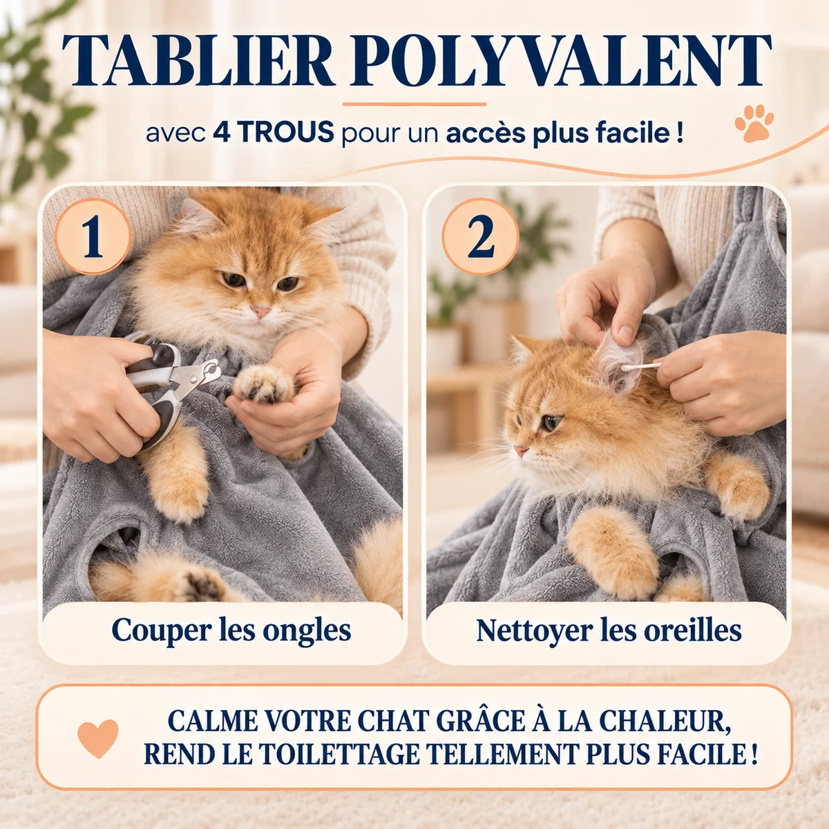 Tablier pour chat CâlinChat à 4 trous pour faciliter la coupe des griffes et le toilettage – Oaura