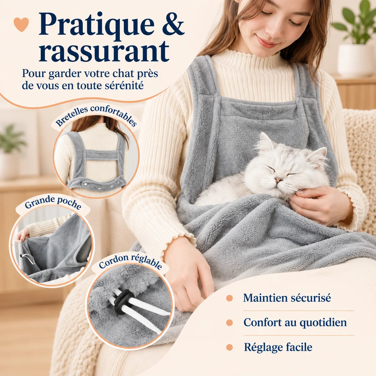 Tablier de portage CâlinChat avec bretelles confortables, grande poche et cordon réglable – Oaura