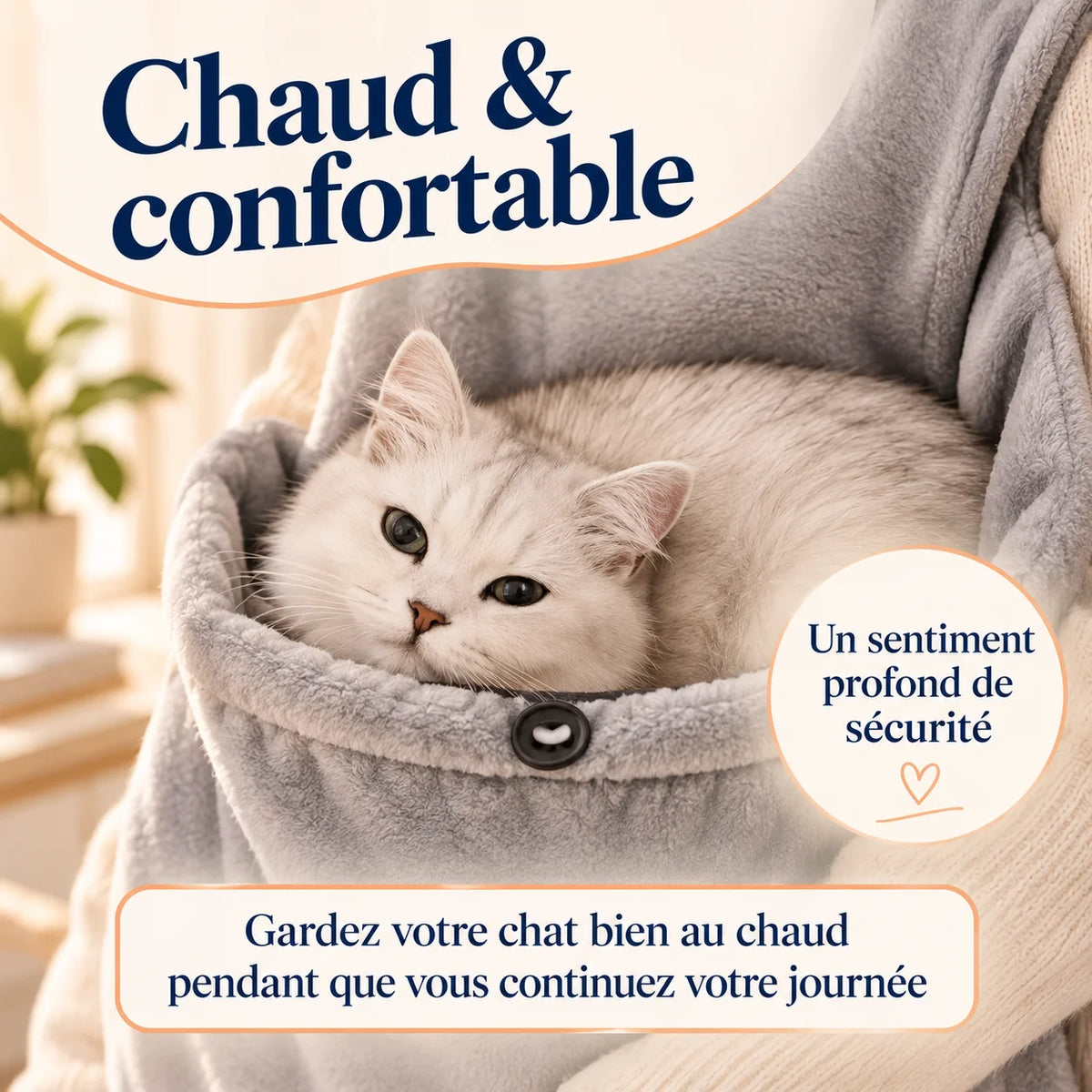 Chat installé au chaud dans le tablier de portage CâlinChat en polaire – Oaura