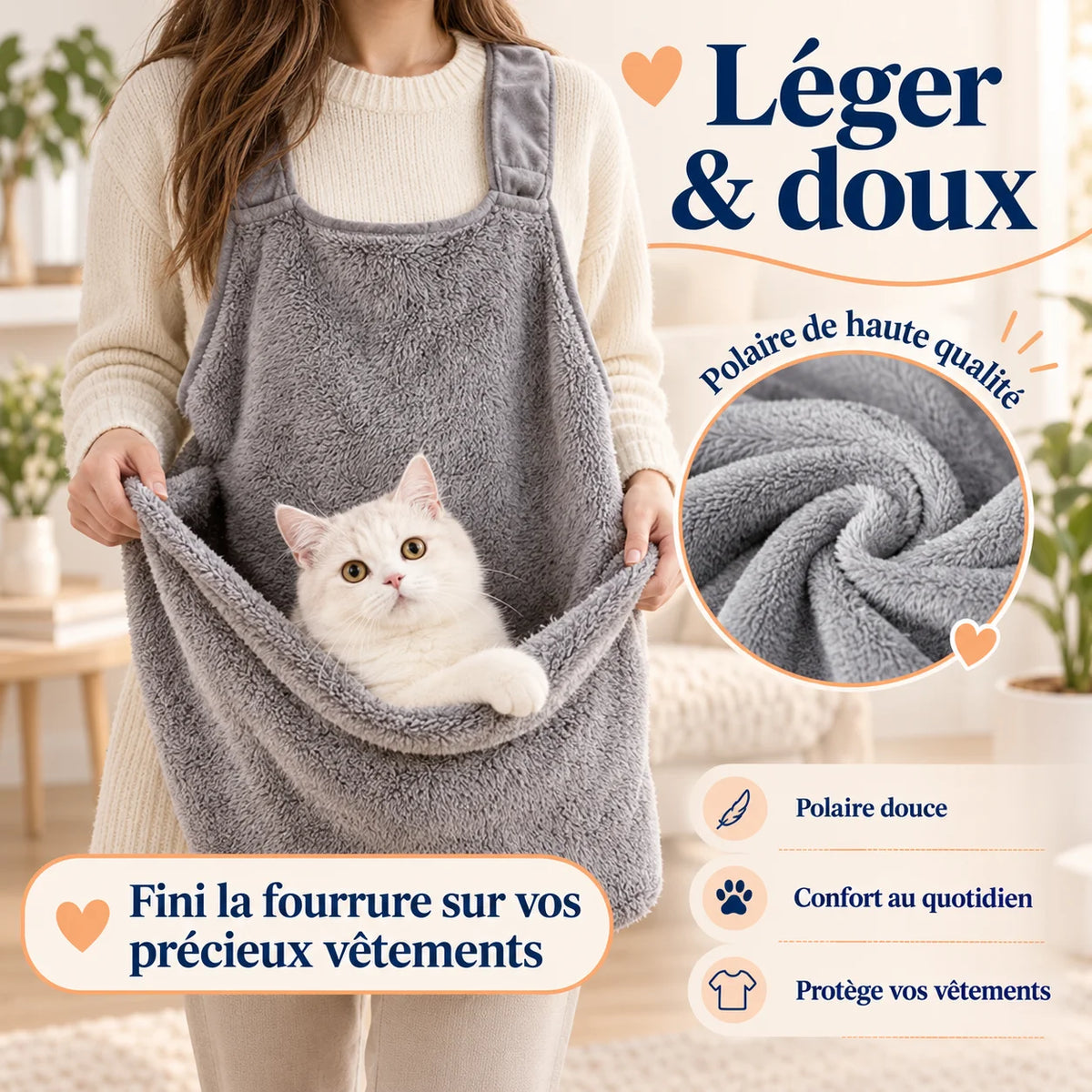 Tablier de portage chat CâlinChat en polaire douce et légère pour garder le chat près de soi – Oaura