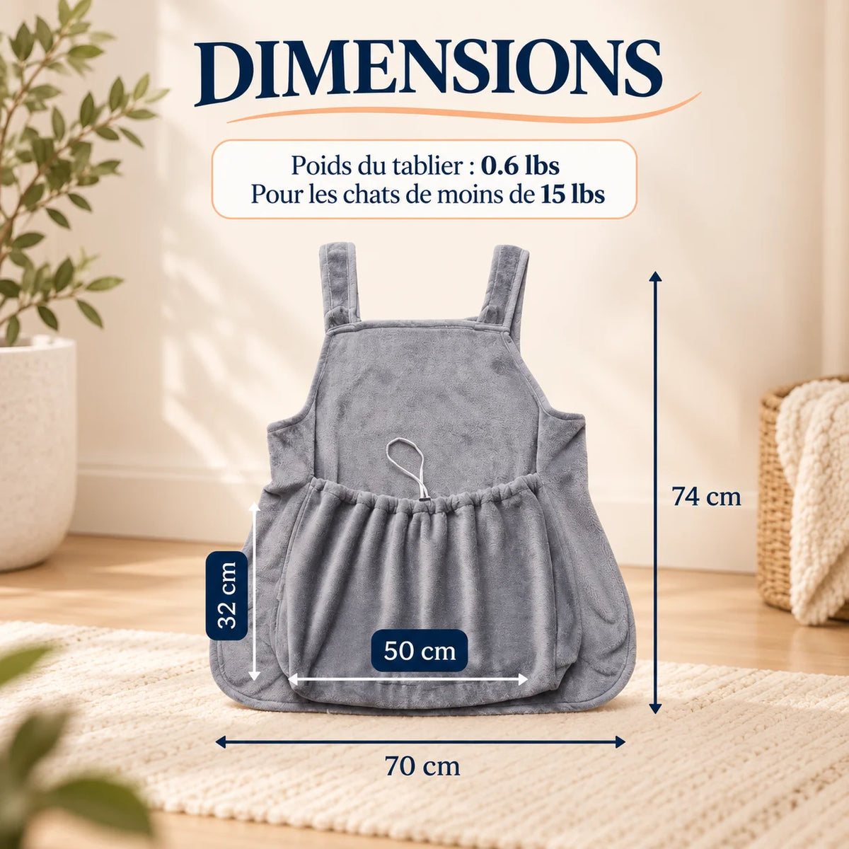 Dimensions du tablier de portage chat sans trou CâlinChat : 70 cm de large et 74 cm de haut – Oaura