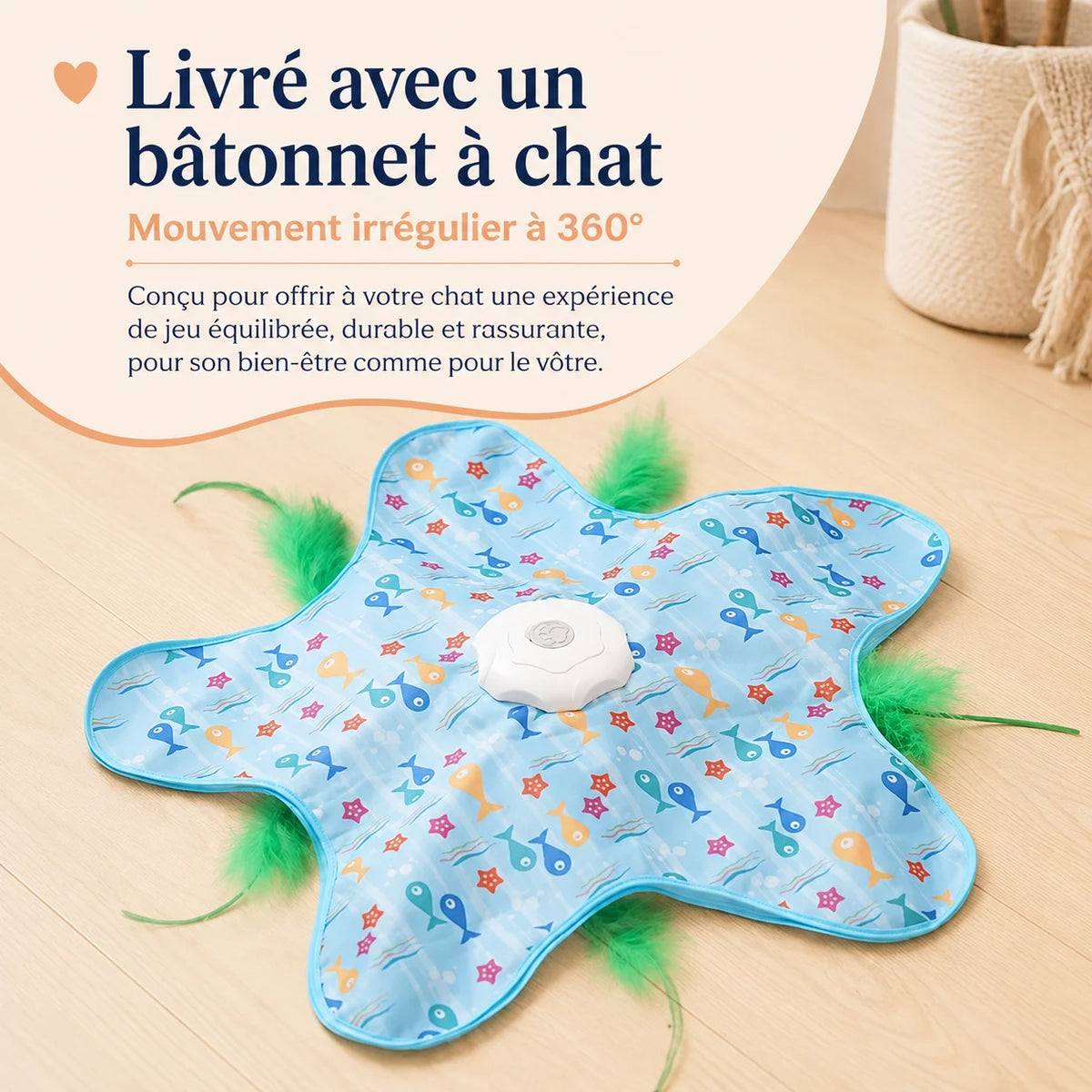 Mécanisme TapiCache - bâtonnet à plumes rotation 360° irrégulière sous le tapis pour chat