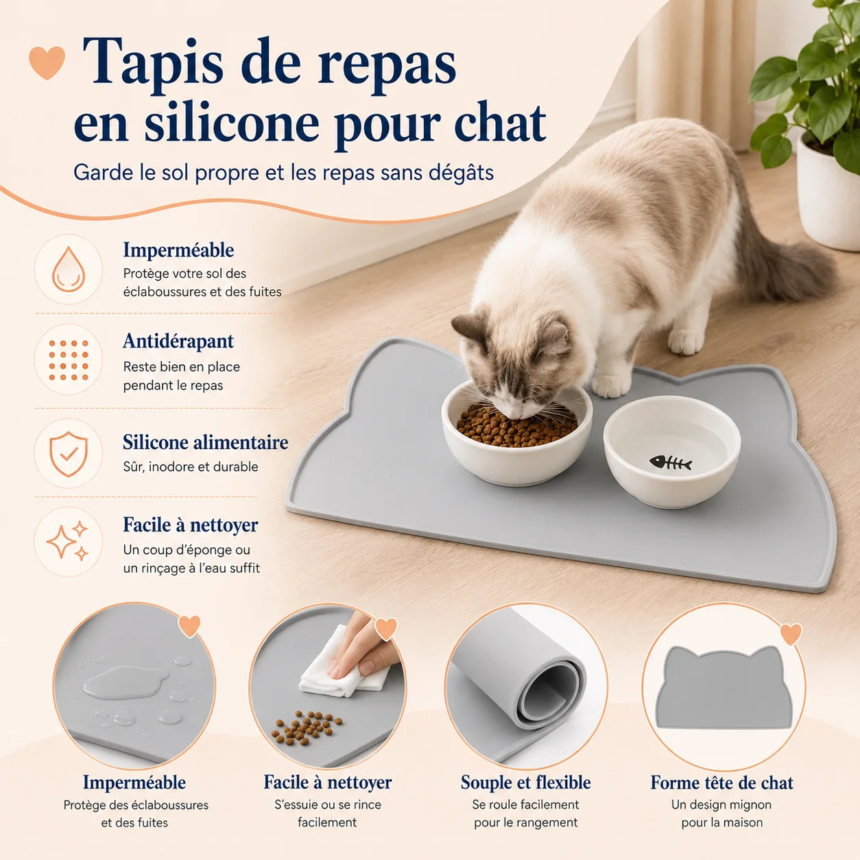 Chat mangeant sur un tapis gamelle chat silicone antidérapant avec bords surélevés