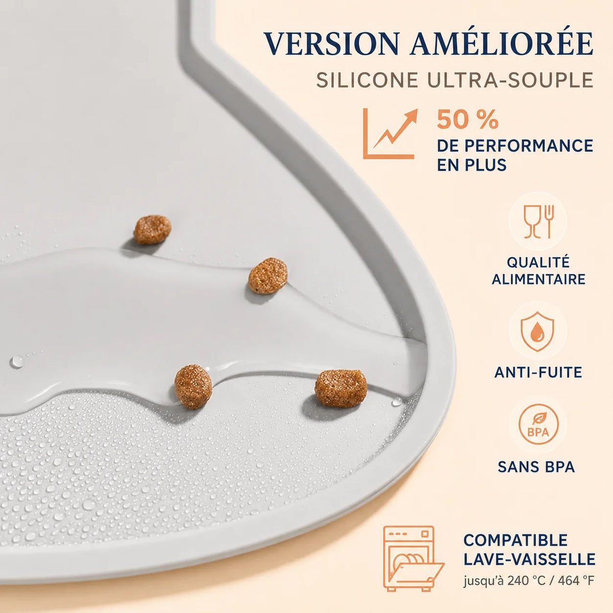 Tapis gamelle chat silicone avec bords surélevés imperméables et anti-fuite
