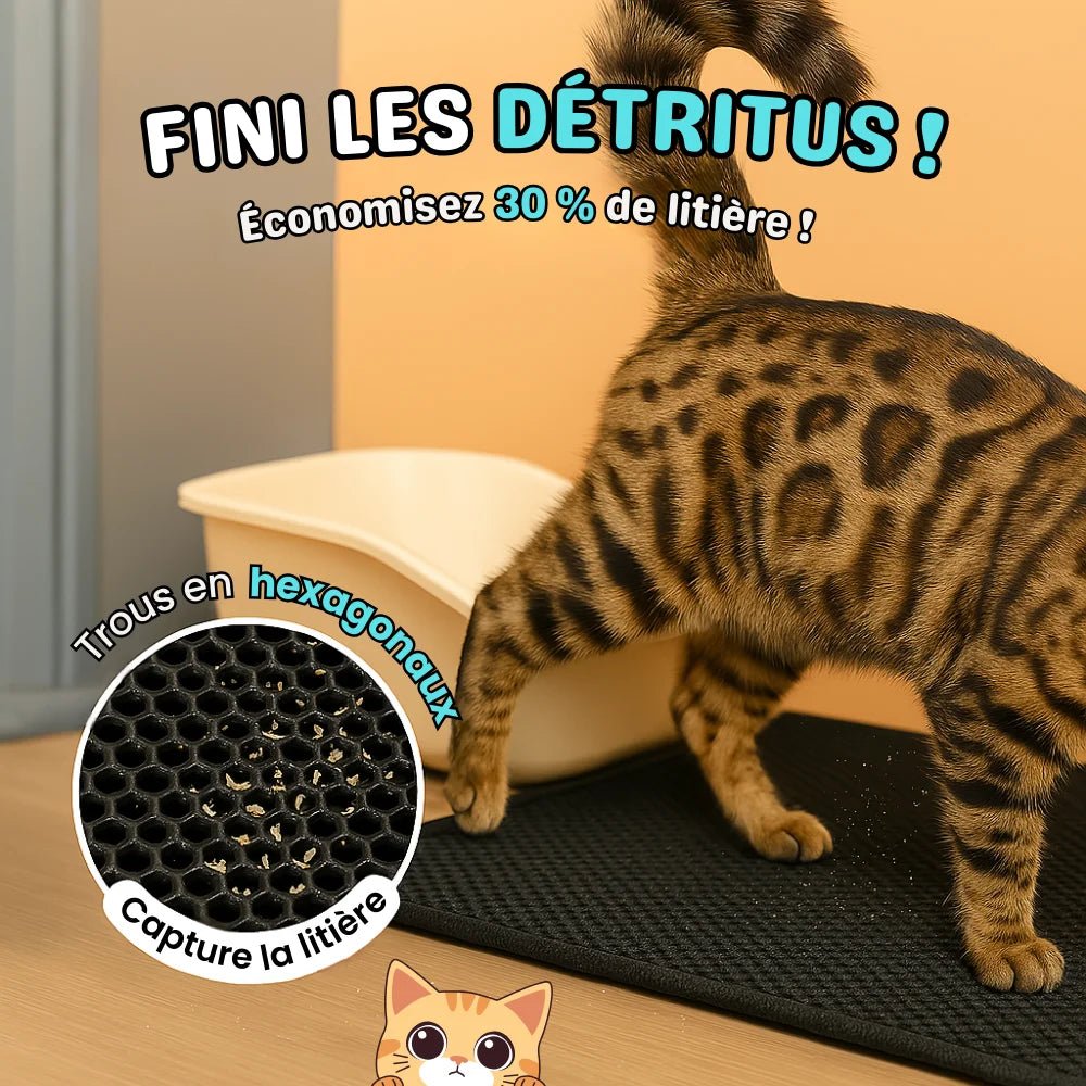 Tapis litière chat PurraMat avec trous hexagonaux pour capturer les grains de litière