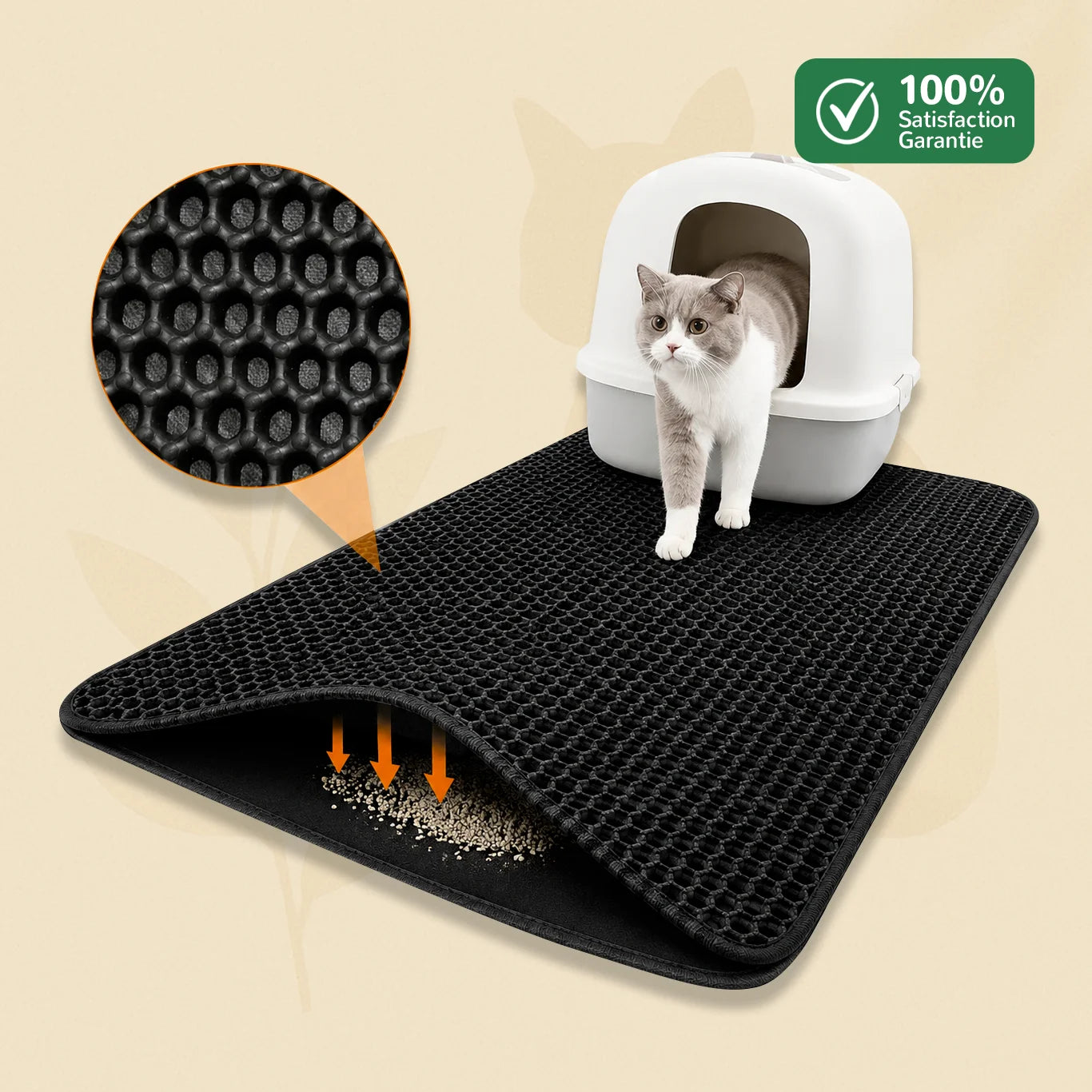 Tapis litière chat PurraMat avec cellules profondes qui capturent les grains à la sortie du bac