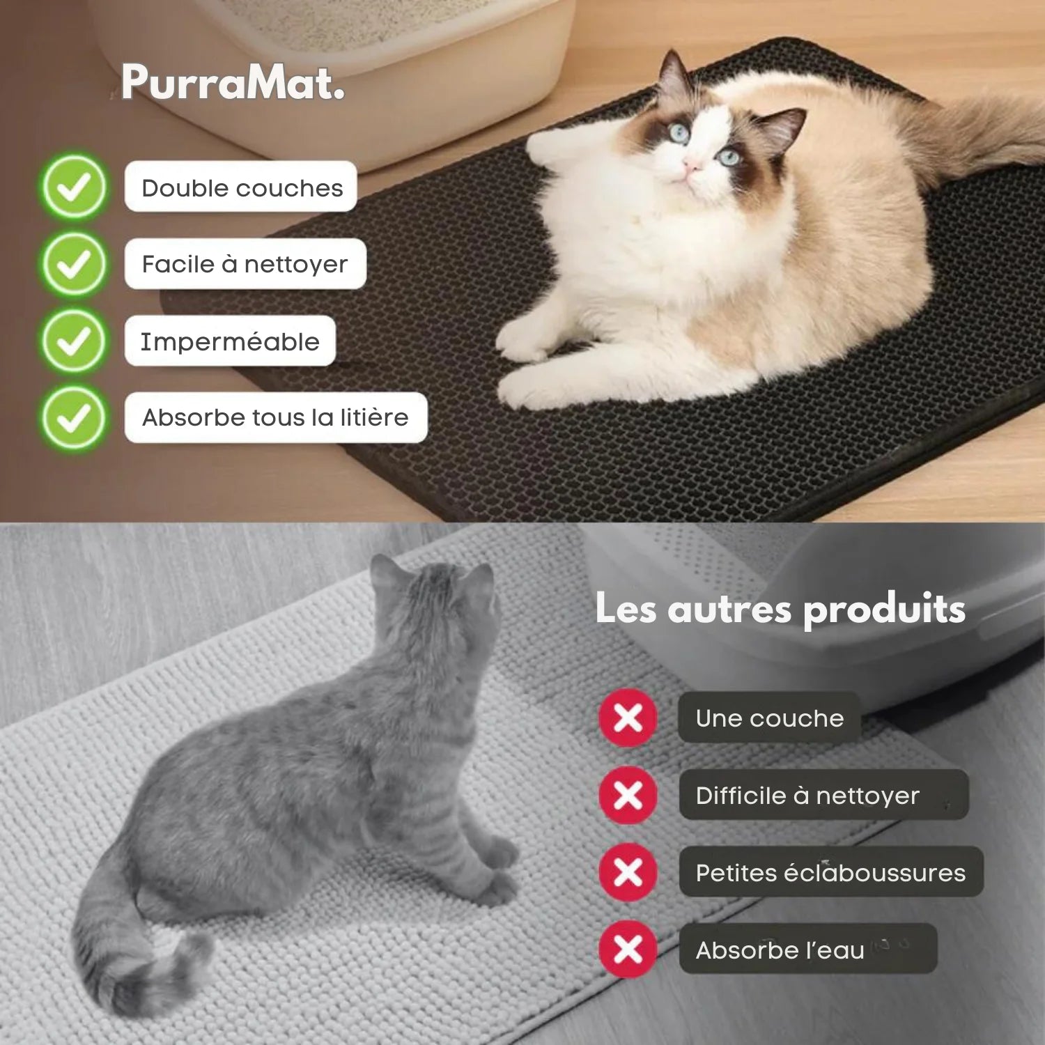 Comparatif PurraMat tapis litière chat double couche face aux tapis classiques