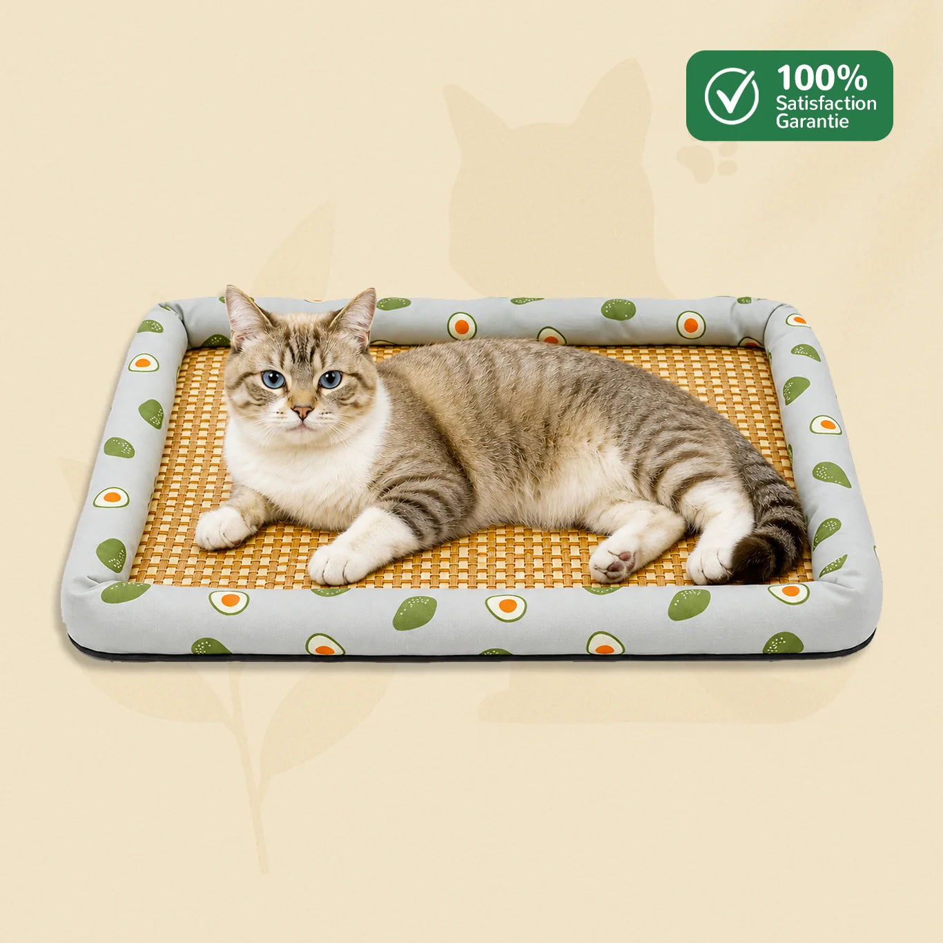 Tapis rafraîchissant chat NooMat motif avocat avec surface fraîche en bambou