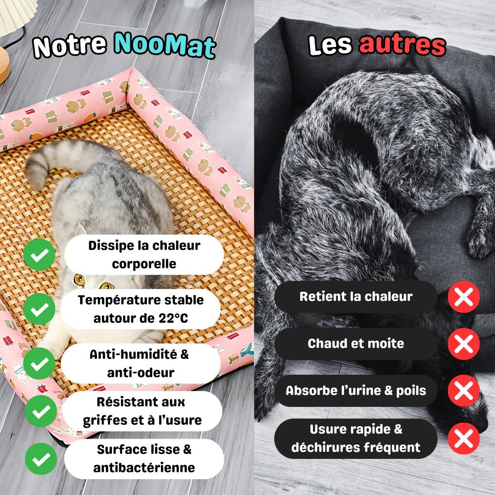 Comparatif NooMat tapis rafraîchissant chat face aux couchages classiques qui retiennent la chaleur